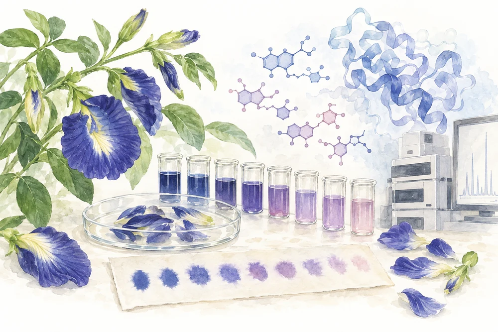 若い花から、8種類の新しい色素を見つけるの研究テーマを表す挿絵
