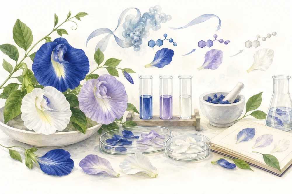 青・淡紫・白の花では、色素の組み立てがどう違う？の研究テーマを表す挿絵