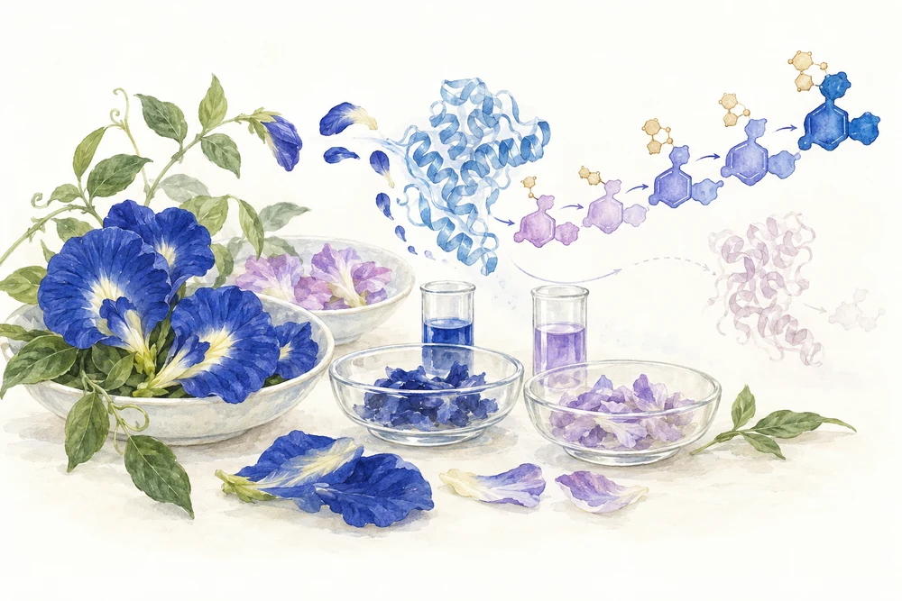 青い色素ができる途中の分子を、反応から探すの研究テーマを表す挿絵