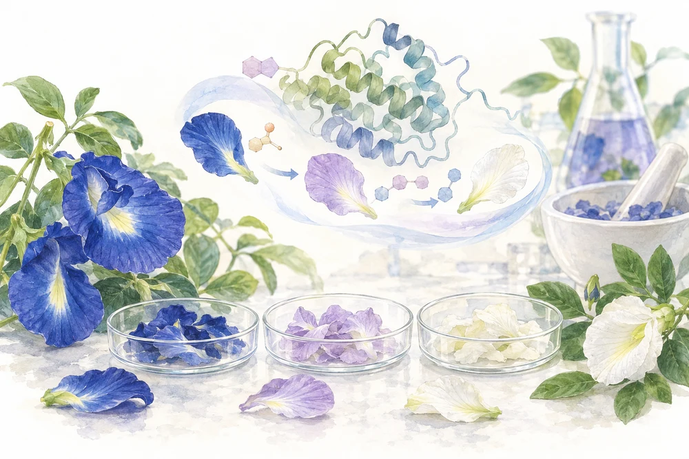 青・淡紫・白の花で、色素を加工する酵素を比べるの研究テーマを表す挿絵