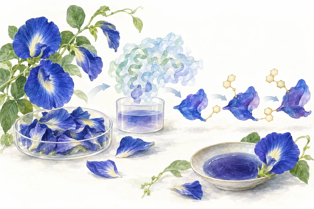 青い色素を作る酵素が、二つの位置に糖を付けるの研究テーマを表す挿絵
