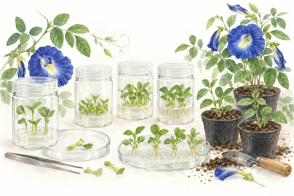 小さな苗の一部から、花の植物を増やすの研究テーマを表す挿絵