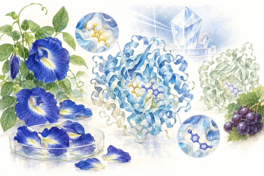 青い色素を作る酵素の、立体構造を見るの研究テーマを表す挿絵