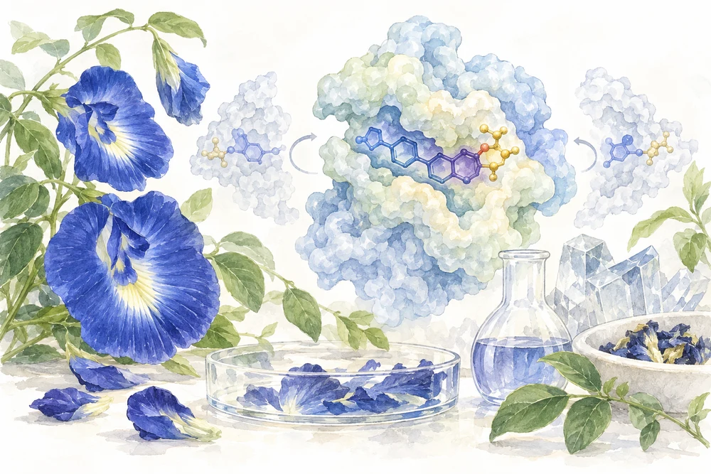 青い色素を作る酵素は、分子のどこに糖を付ける？の研究テーマを表す挿絵