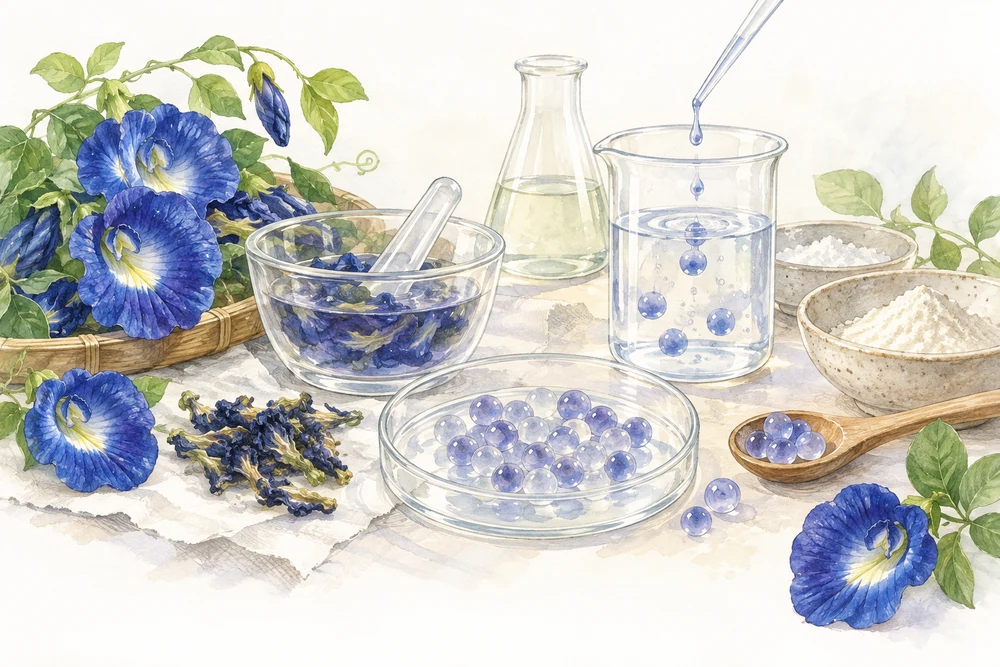 花の成分を粒に包み、模擬消化中の変化を調べるの研究テーマを表す挿絵