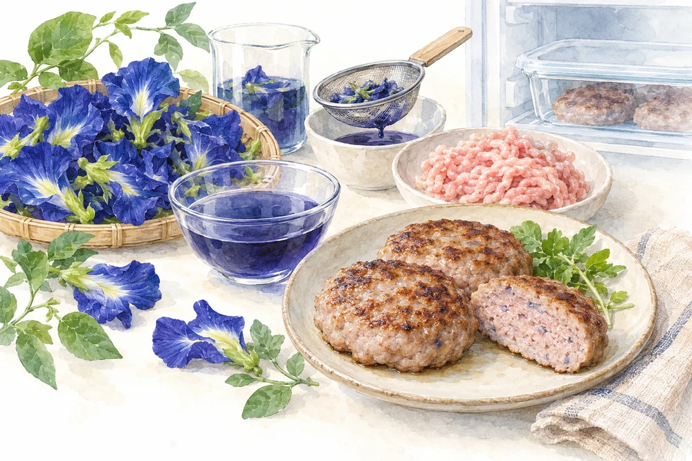 花の抽出物を加えた豚肉パティを、冷蔵保存で比べるの研究テーマを表す挿絵