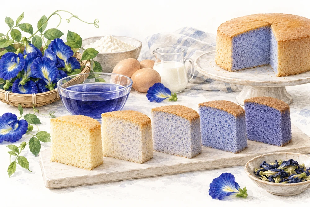 青い花のスポンジケーキは、色だけでなく食感も変わるの研究テーマを表す挿絵