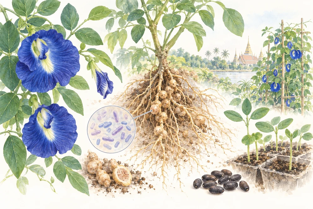 根のこぶに住む菌を調べ、花の栽培に生かすの研究テーマを表す挿絵