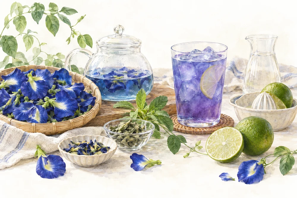 花の抽出液・ステビア・ライムを組み合わせた飲料づくりの研究テーマを表す挿絵