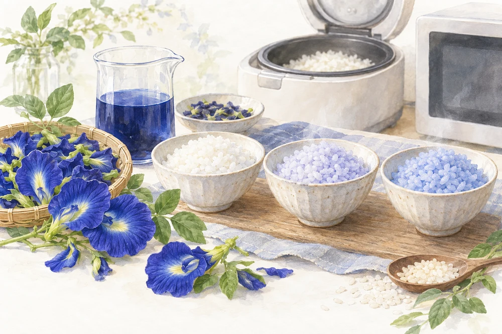花の抽出物を加えて炊いたご飯の、食感とでんぷんの変化の研究テーマを表す挿絵