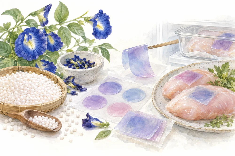 サゴでんぷんに青い花を加え、鶏肉の変化を色で見るの研究テーマを表す挿絵