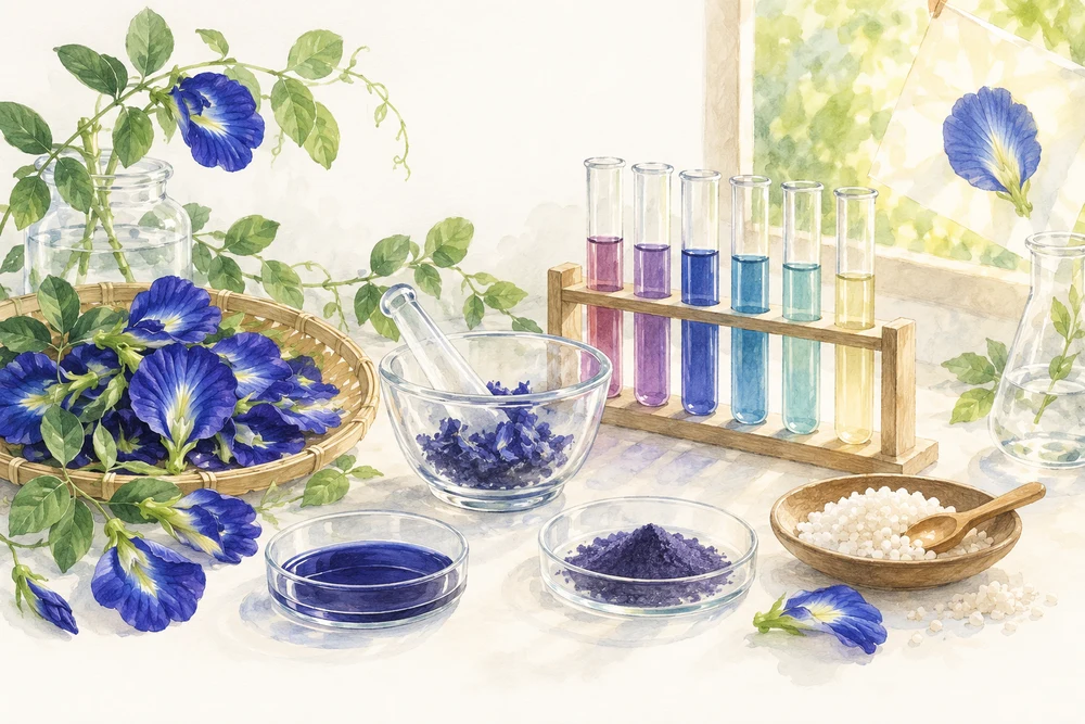 青い花の色を、光と熱から保つ条件を探すの研究テーマを表す挿絵