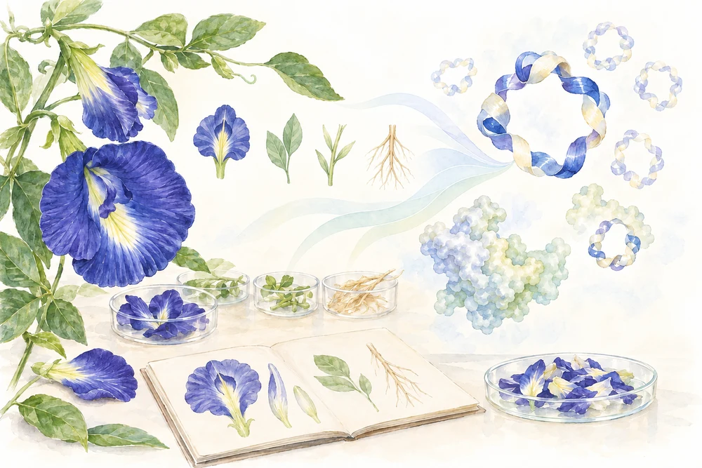 花の植物が作る環状ペプチドを、遺伝子から探すの研究テーマを表す挿絵