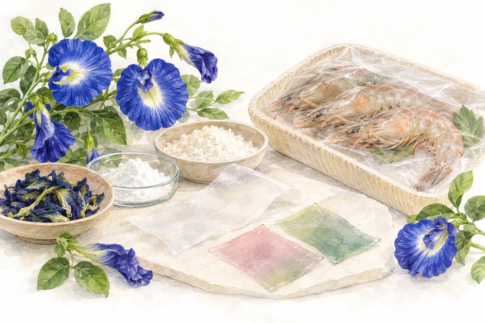 青い花と酸化チタンを使い、エビの変化を色で示すの研究テーマを表す挿絵