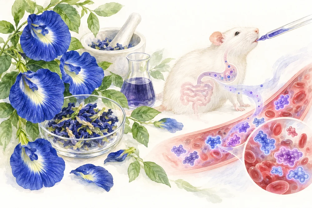 花の色素テルナチンの吸収をラットで調べた研究の研究テーマを表す挿絵