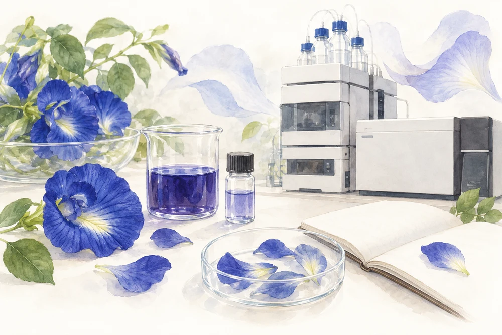 青い花の色素を、分析装置で見分けるの研究テーマを表す挿絵