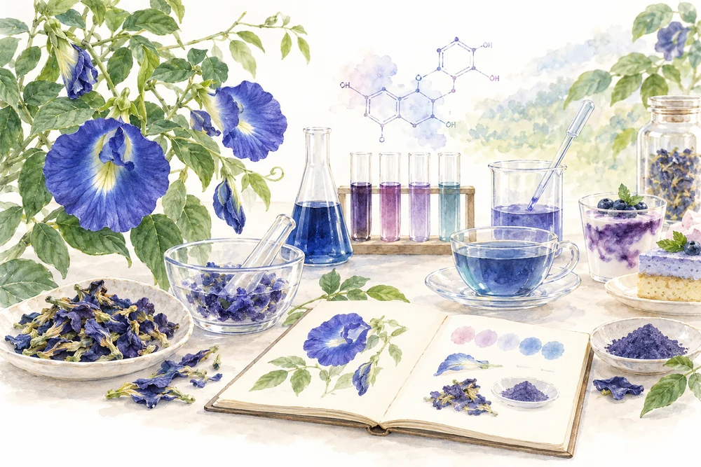花の青い色素に関する研究をまとめた総説の研究テーマを表す挿絵