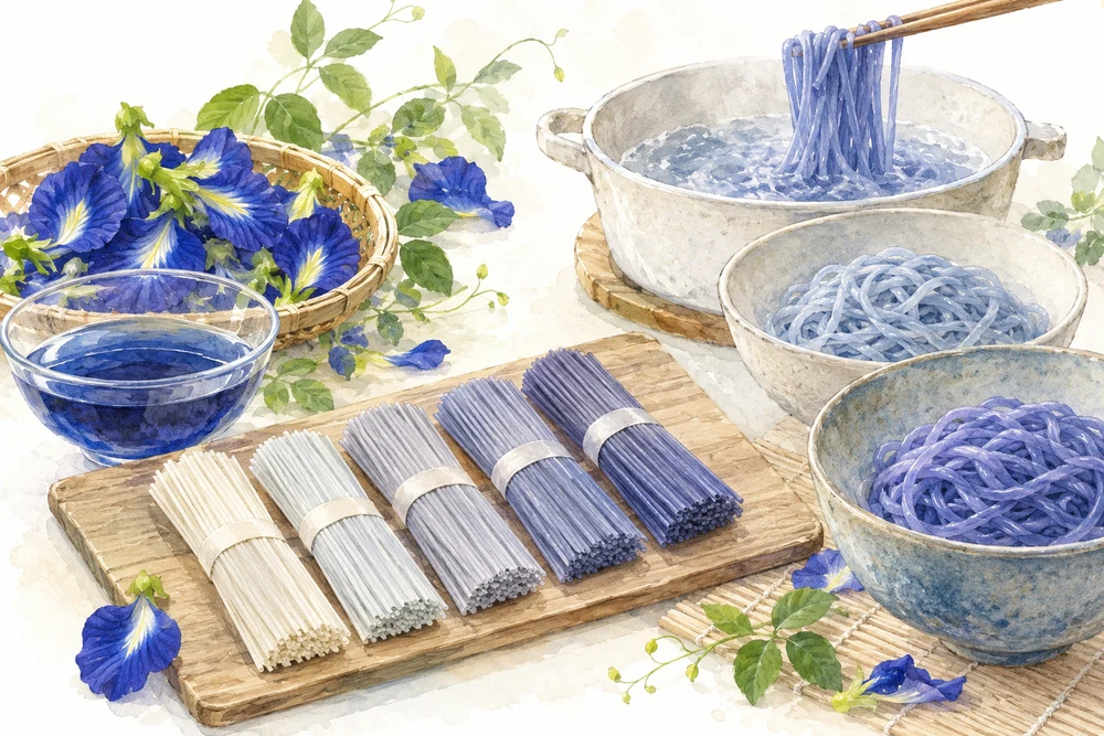 青い麺は、ゆでると色も食感もどう変わる？の研究テーマを表す挿絵