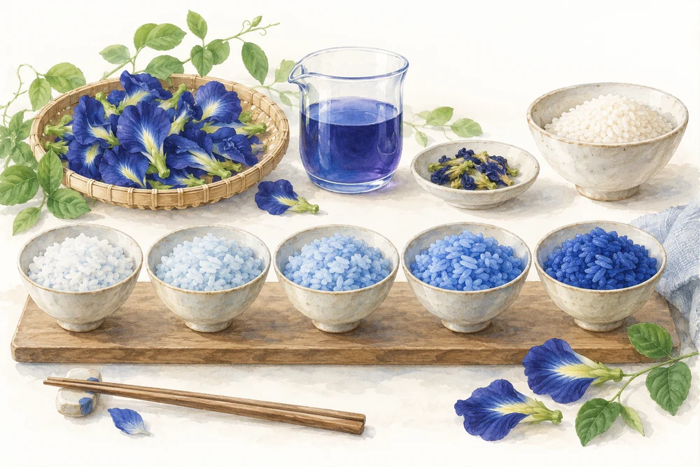 ご飯の青さと好みを、花の抽出量で比べるの研究テーマを表す挿絵