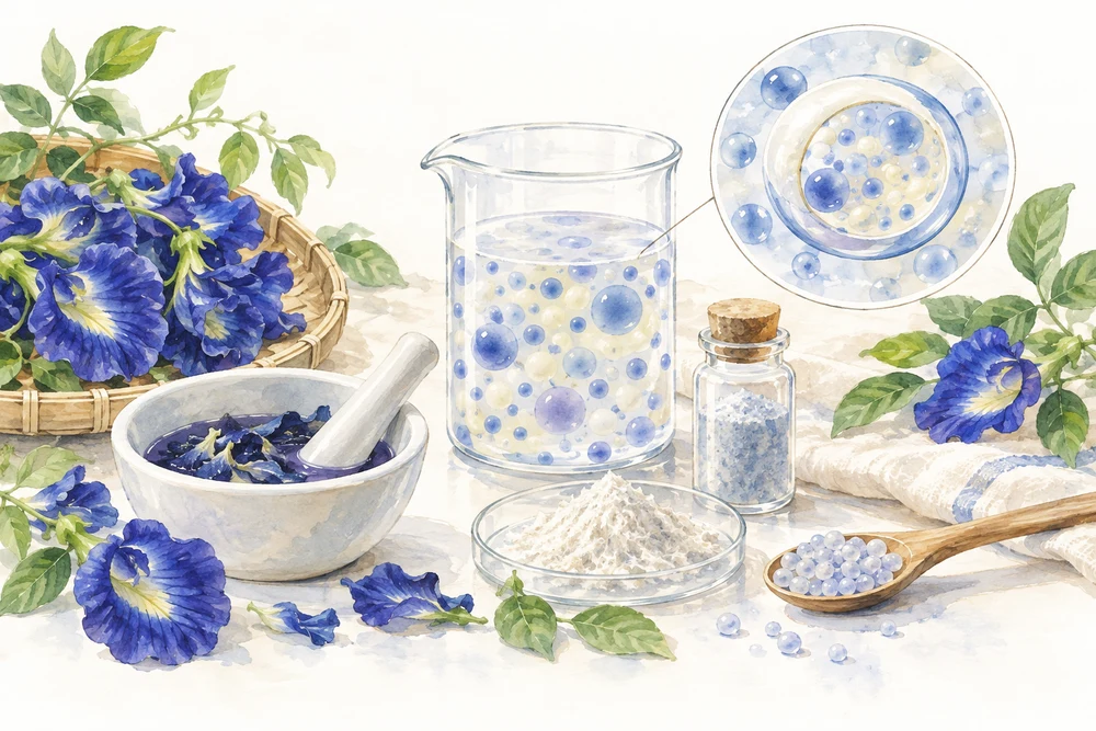水の中の油、その中の水に青い色素を入れるの研究テーマを表す挿絵