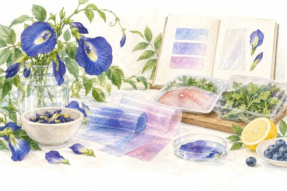 色の変化で食品の鮮度を知らせる包装材の研究の研究テーマを表す挿絵