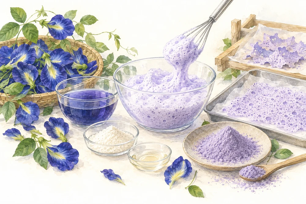 泡にして乾かすと、花の色素を粉末にしやすい？の研究テーマを表す挿絵