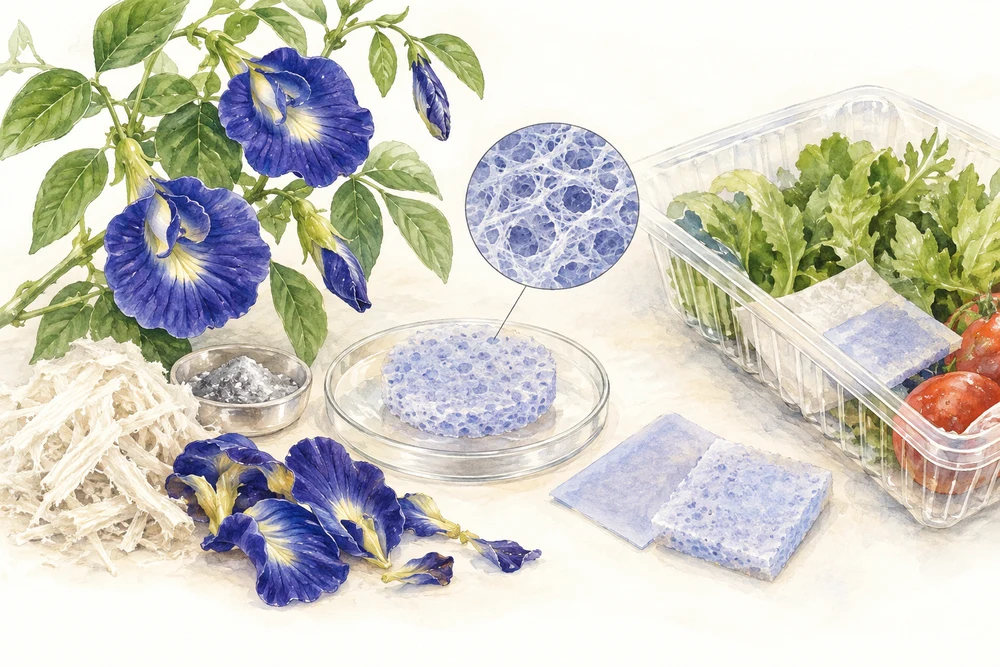 青い花を、包装の水分を吸うパッドに組み込むの研究テーマを表す挿絵