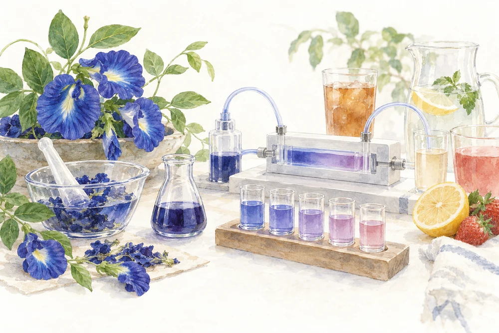 花の抽出物を試薬にして、飲み物の酸度を測るの研究テーマを表す挿絵