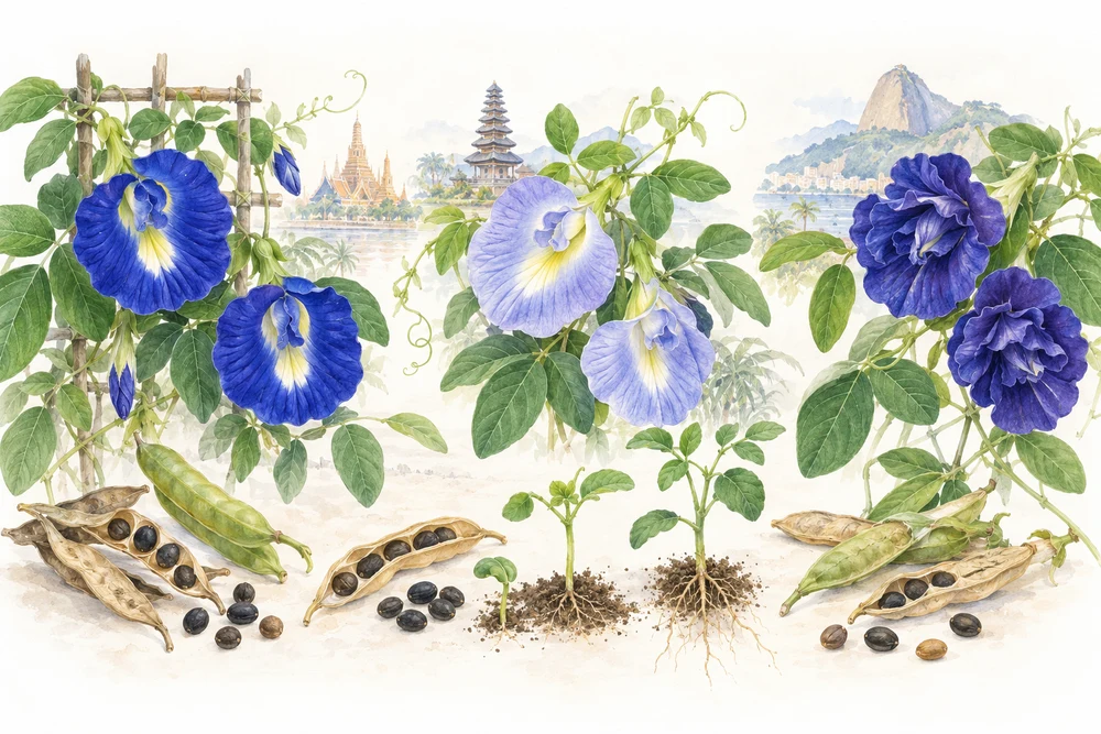 タイ・インドネシア・ブラジルの花の形を比べるの研究テーマを表す挿絵