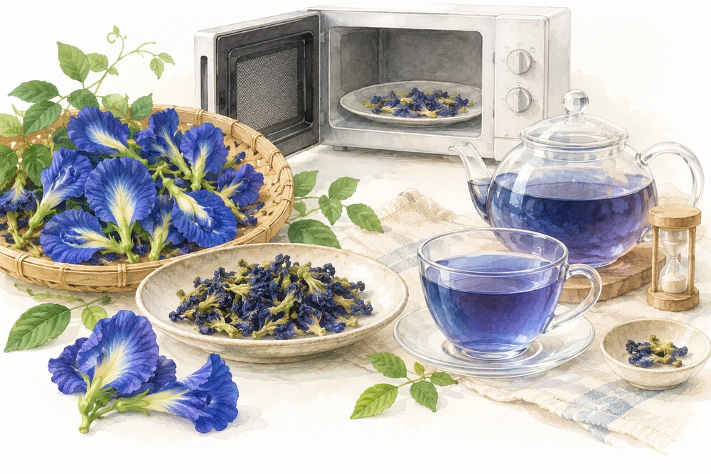 花の乾燥方法と、お茶の色・香り・味の好みの研究テーマを表す挿絵