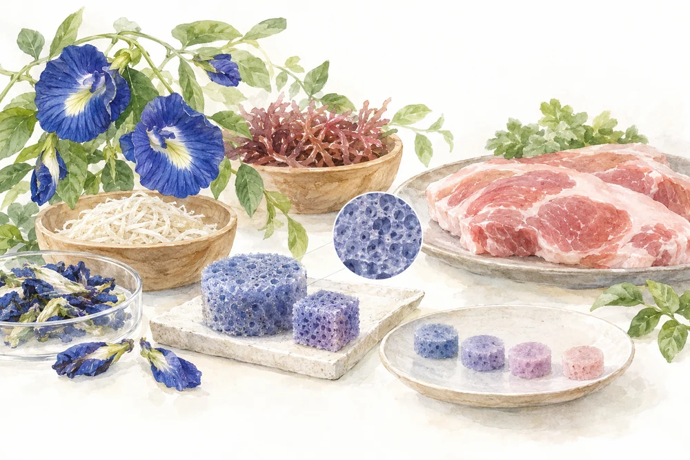 軽くて多孔質な素材を、豚肉の変化を示すセンサーにするの研究テーマを表す挿絵