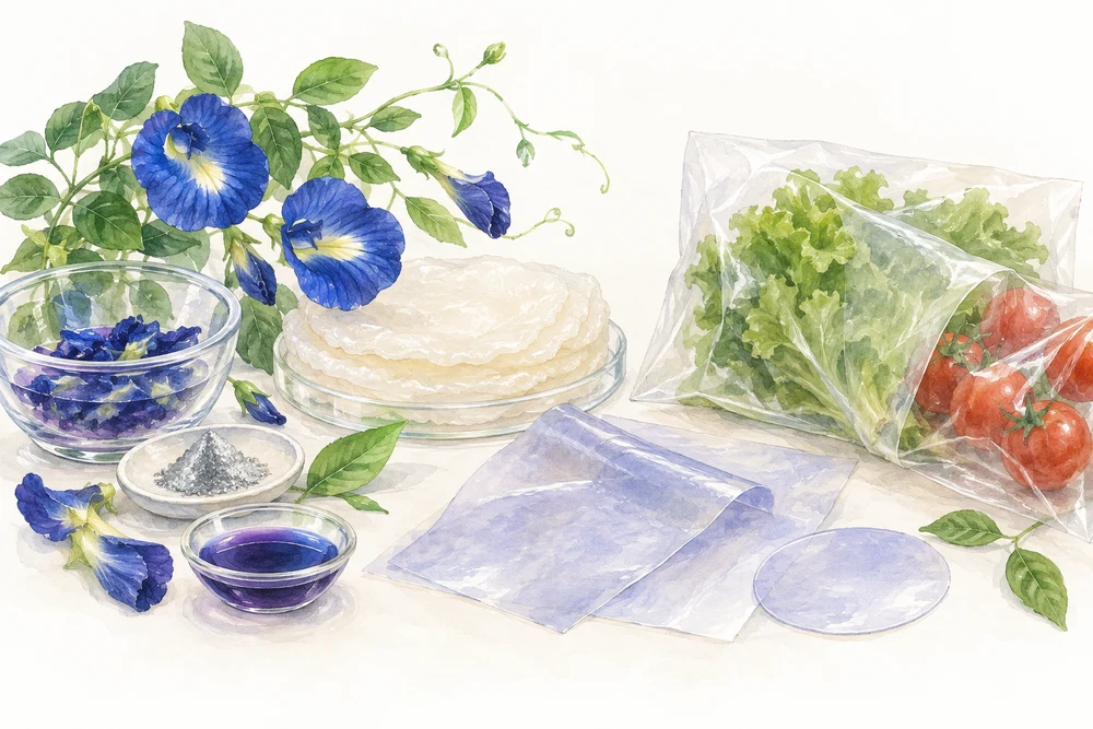 菌が作るセルロースと青い花で、包装フィルムを作るの研究テーマを表す挿絵