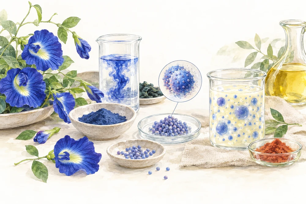 二つの青い色素を組み合わせて、水と油を安定させるの研究テーマを表す挿絵