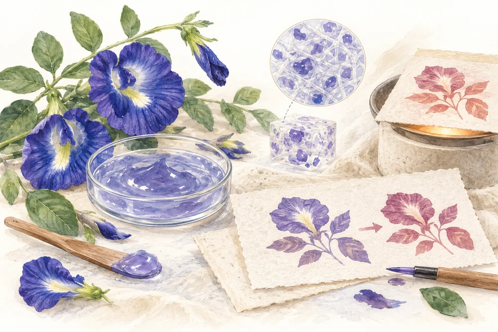 青い花の色素で、熱に反応する偽造防止インクを作るの研究テーマを表す挿絵