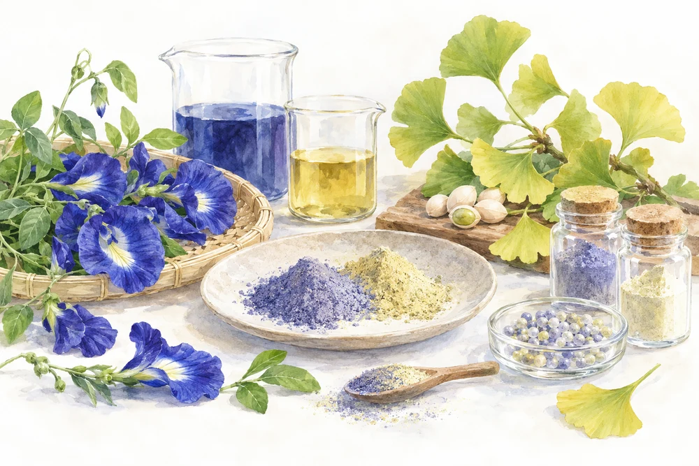 青い花とイチョウの抽出物を、乾燥方法で比べるの研究テーマを表す挿絵