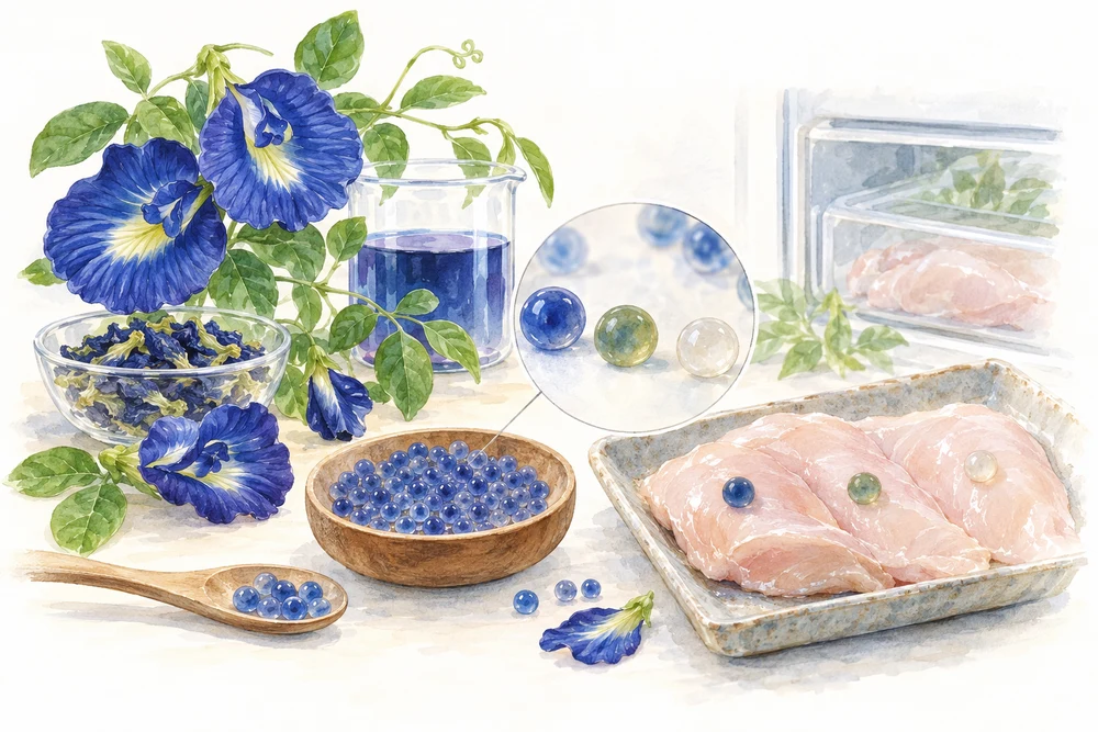 青い小さな粒で、鶏肉の変化を知らせるの研究テーマを表す挿絵