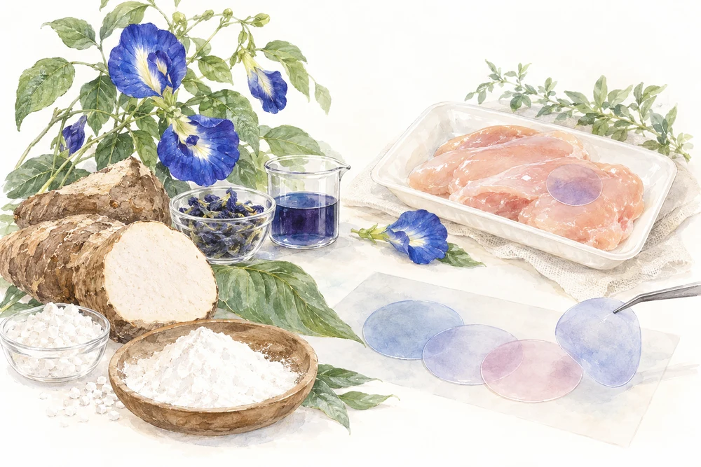 芋のでんぷんと青い花で、鶏肉の鮮度表示を作るの研究テーマを表す挿絵