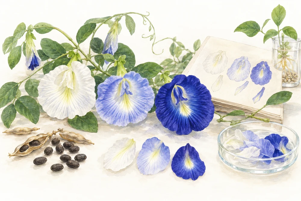 白・薄青・濃青の花を、遺伝子の働きから比べるの研究テーマを表す挿絵